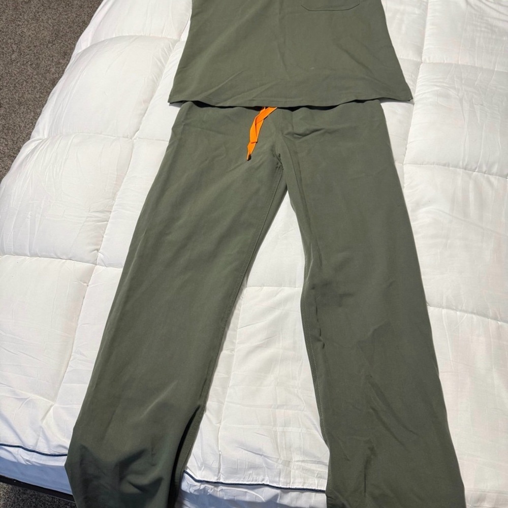 Figs Olive Green Scrub Set with Orange Accent